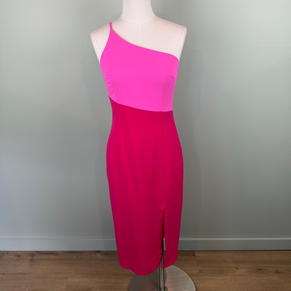 Petal & Pup Xiomar One-Shoulder Pink Colorblock Midi Dress, Wedding guest Sz 4
